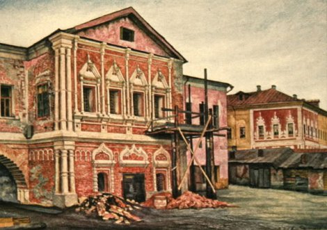 Палаты В.В. Голицына в Охотном ряду во время реставрации их П.Д. Барановским. Акварель В. Коленда. 1920 год. Теперь на этом месте здание ГосДумы (при СССР — Госплан)