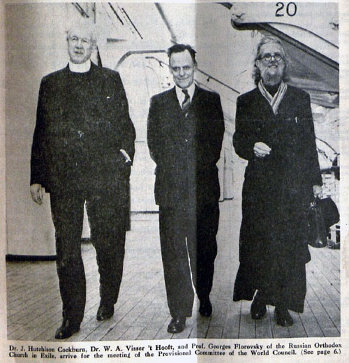 О. Флоровский, Георгий Васильевич приезжает в США. Рядом с ним крупные деятели экуменизма Виссерт-Хуфт (в центре) и Хатчисон Кокбурн. 7 апреля 1947 г.